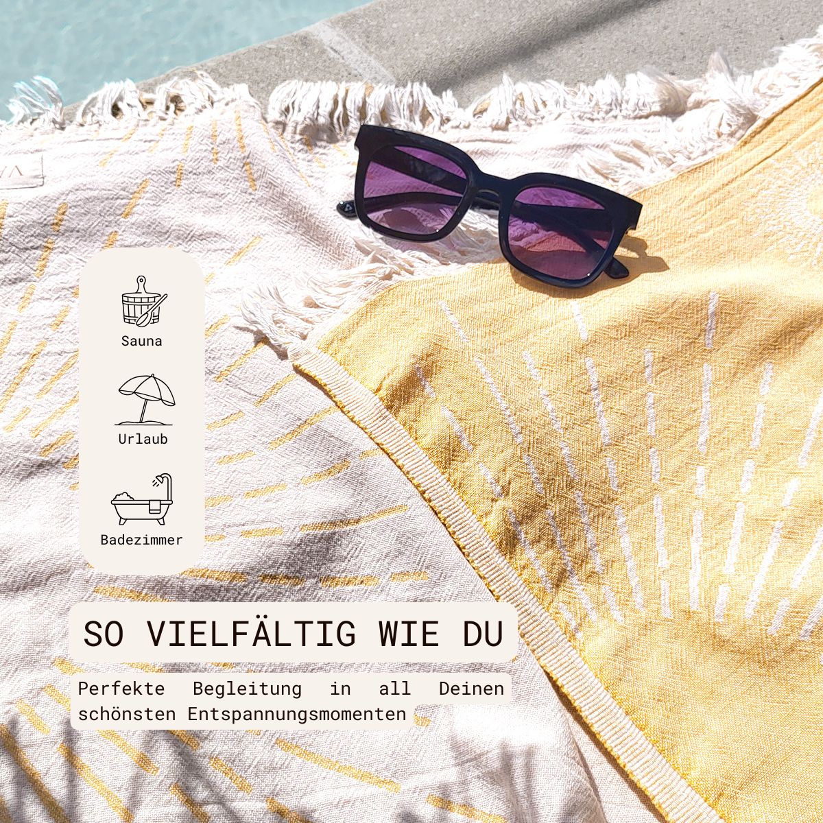 Premium Handtuch / Saunatuch / Strandtuch, Sunshine, in der Größe 95 x 175 cm, in der Farbe Gelb, 100% Baumwolle, Strandtuch liegend am Pool
