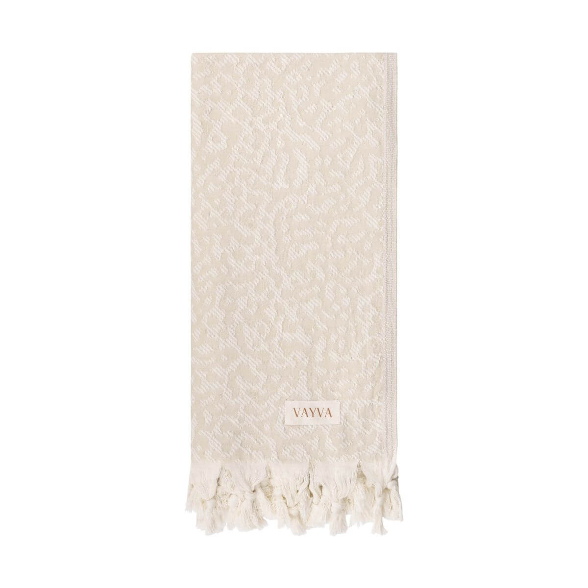 Schnelltrocknendes Saunatuch (95x175 cm) aus 100% OEKO-TEX zertifizierter Baumwolle für Damen | Saunatuch in der Farbe Beige mit Leomuster | Gefaltet auf weißem Hintergrund