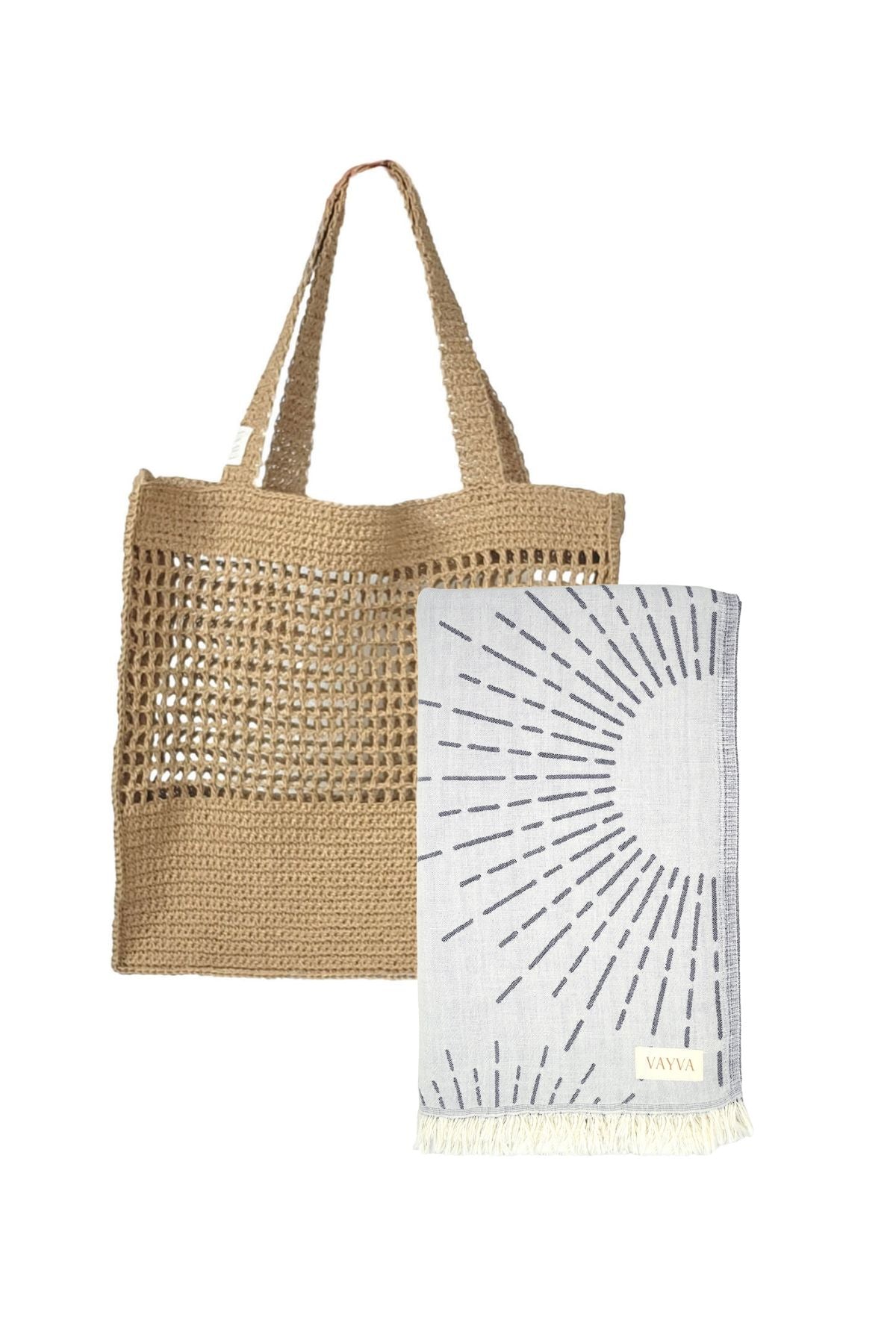 Summer Box | Premium Tasche Ibiza + 1x Strandtuch Sunshine grau, 100% natürliche Materialien