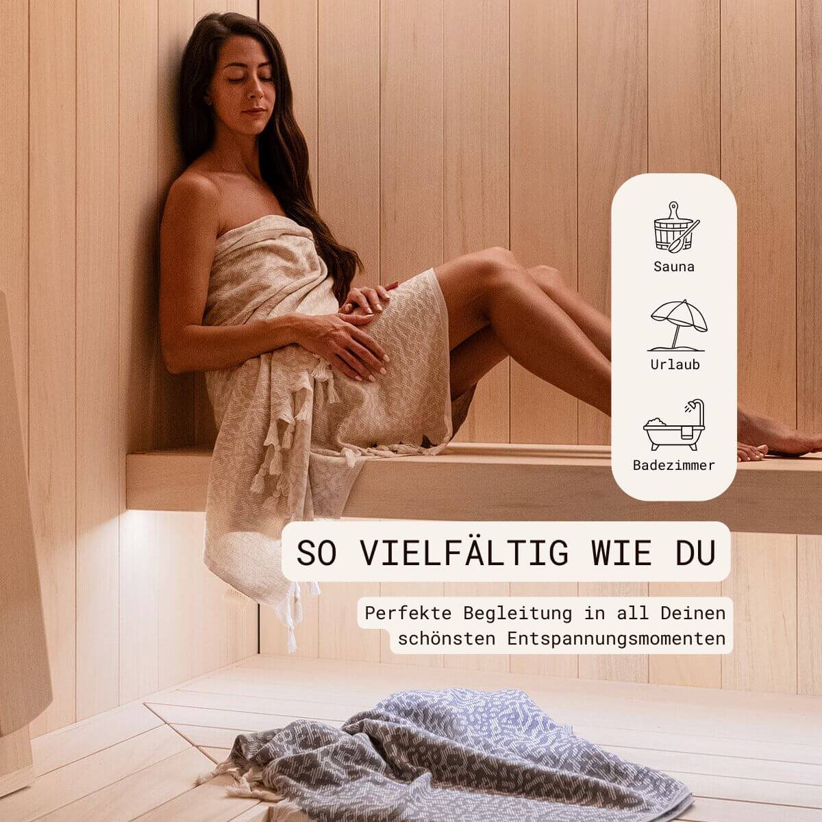 Leichtes Strandtuch (95x175 cm) aus 100% OEKO-TEX zertifizierter Baumwolle für Damen | Strandtuch in der Farbe Beige mit Leomuster | Frau in Sauna