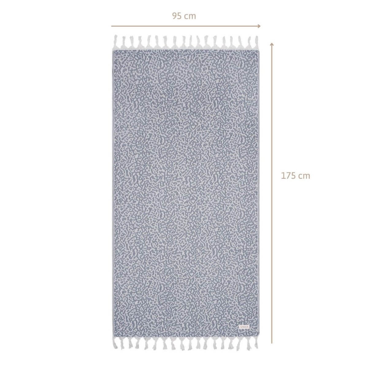 Leichtes Strandtuch (95x175 cm) aus 100% OEKO-TEX zertifizierter Baumwolle für Damen | Strandtuch in der Farbe Blaugrau mit Leomuster | Komplettansicht mit Größenangaben