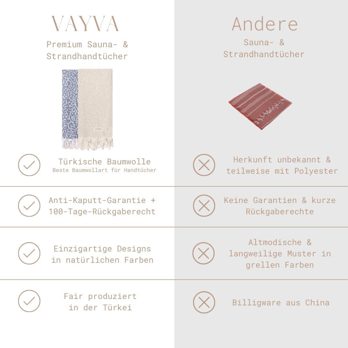 Leichtes Strandtuch (95x175 cm) aus 100% OEKO-TEX zertifizierter Baumwolle für Damen | Strandtuch in der Farbe Beige mit Leomuster | VAYA vs. andere