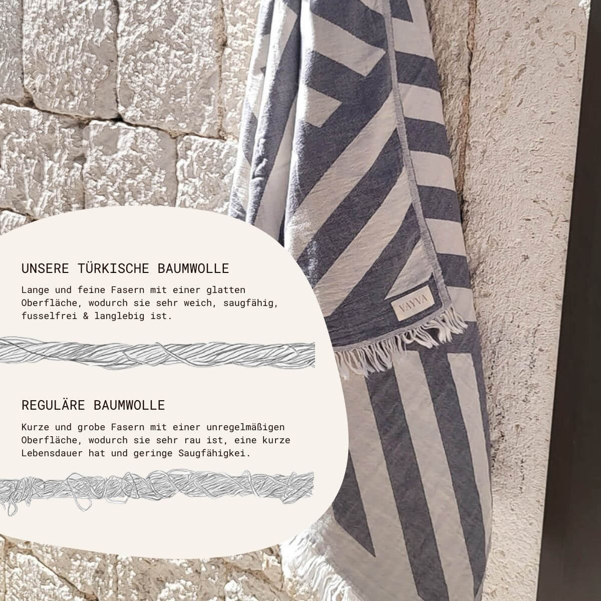 Leichtes Strandtuch (95x170 cm) Key West aus 100% OEKO-TEX zertifizierter Baumwolle für Damen | Strandtuch in der Farbe Grau mit geometrischem Streifenmuster | Handtuch hängend