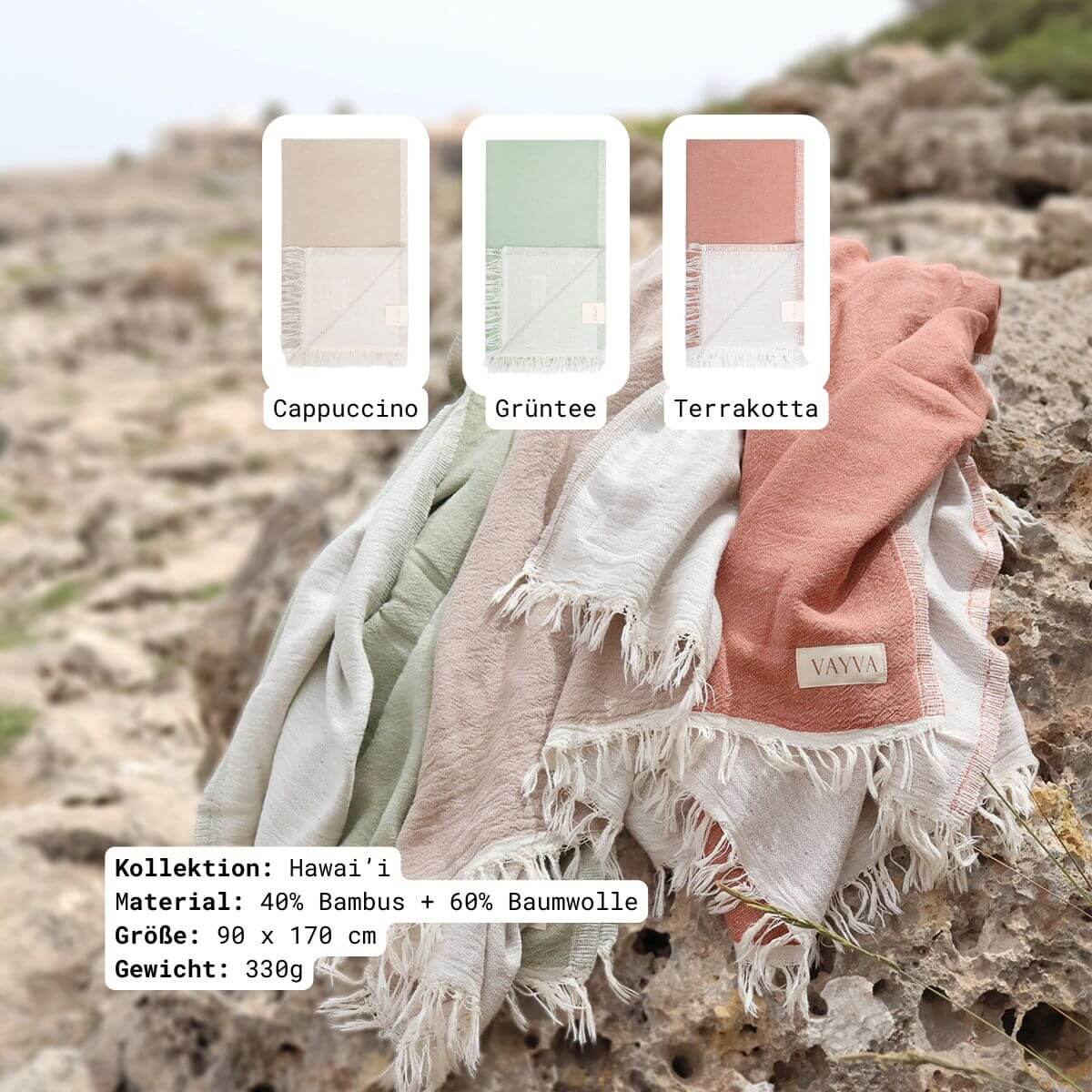 VAYVA Box: Strandtuch Hawai'i in 3 Farben (Cappuccino, Grüntee, Terrakotta) aus 40% Bambus und 60% OEKO-TEX zertifizierter Baumwolle für Damen