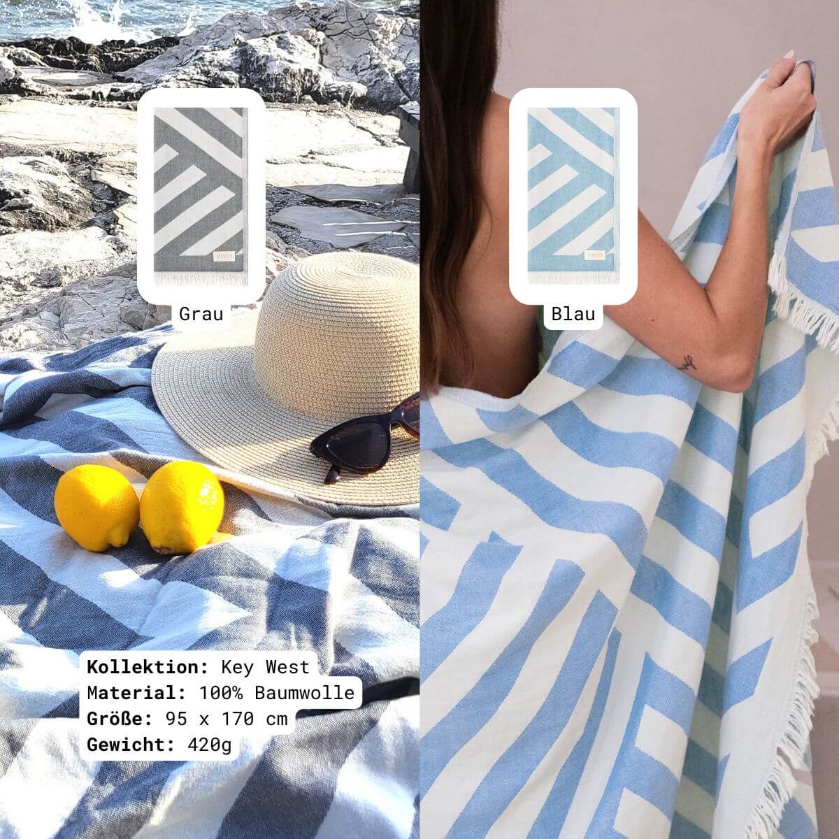 VAYVA Box: Strandtuch Key West in 2 Farben (Blau & Grau) aus 100% OEKO-TEX zertifizierter Baumwolle für Damen