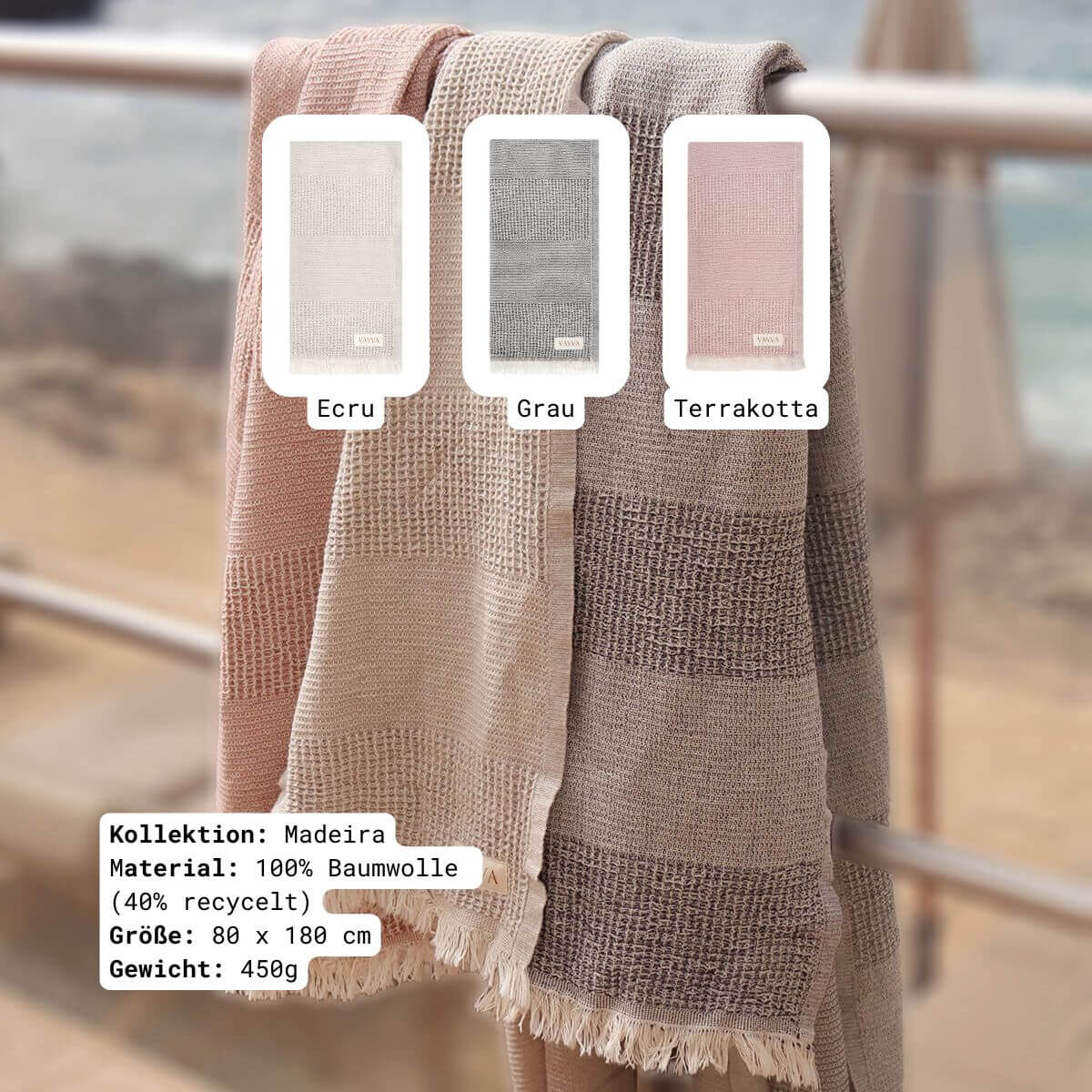 VAYVA Box: Strandtuch Madeira in 3 Farben (Ecru, Grau & Terrakotta) aus 40% recycelter und 60% OEKO-TEX zertifizierter Baumwolle für Damen