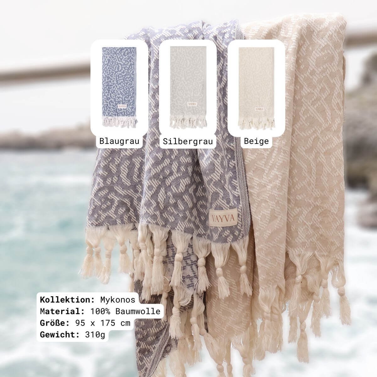 VAYVA Box: Strandtuch Mykonos in 3 Farben (blaugrau, silbergrau & beige) aus 100% OEKO-TEX zertifizierter Baumwolle für Damen