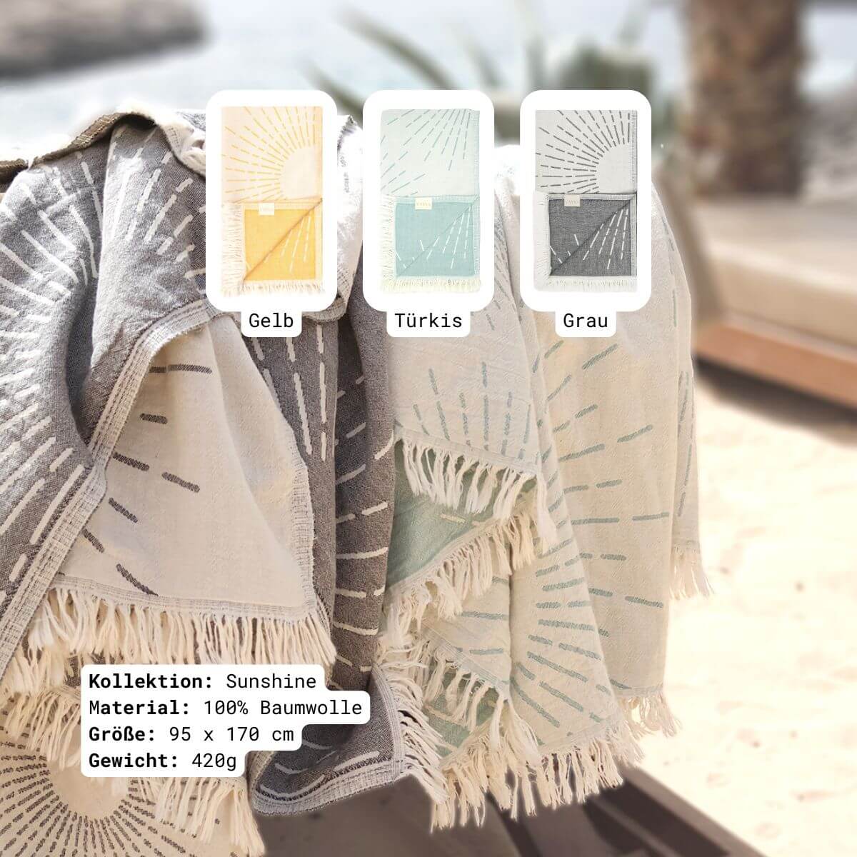 VAYVA Box: Strandtuch Sunshine in 3 Farben (Gelb, Türkis & Grau) aus 100% OEKO-TEX zertifizierter Baumwolle für Damen