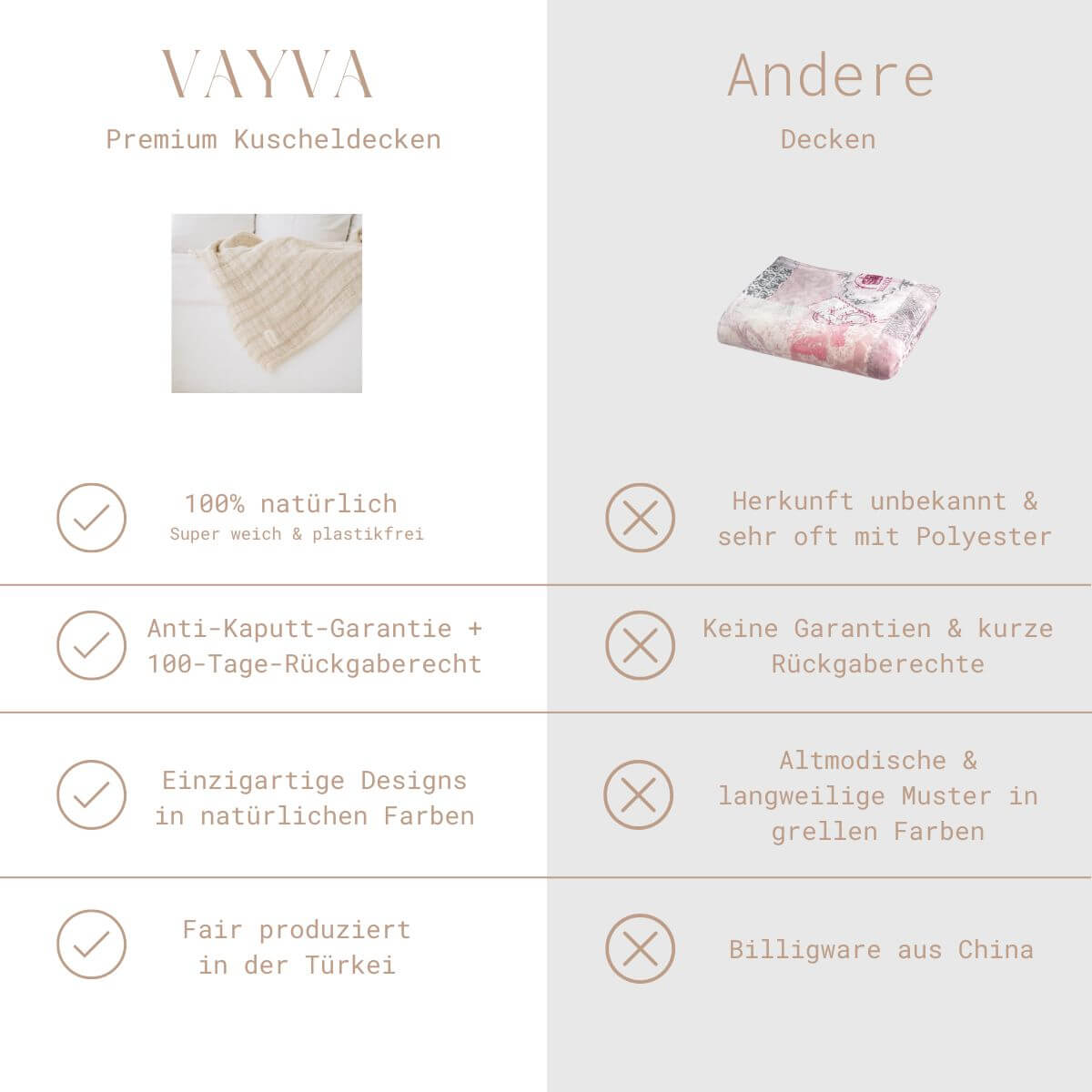 Kuscheldecke (135x200 cm) aus 70% Leinen und 30% OEKO-TEX zertifizierter Baumwolle | Kuscheldecke in der Farbe Beige | VAYVA vs. andere