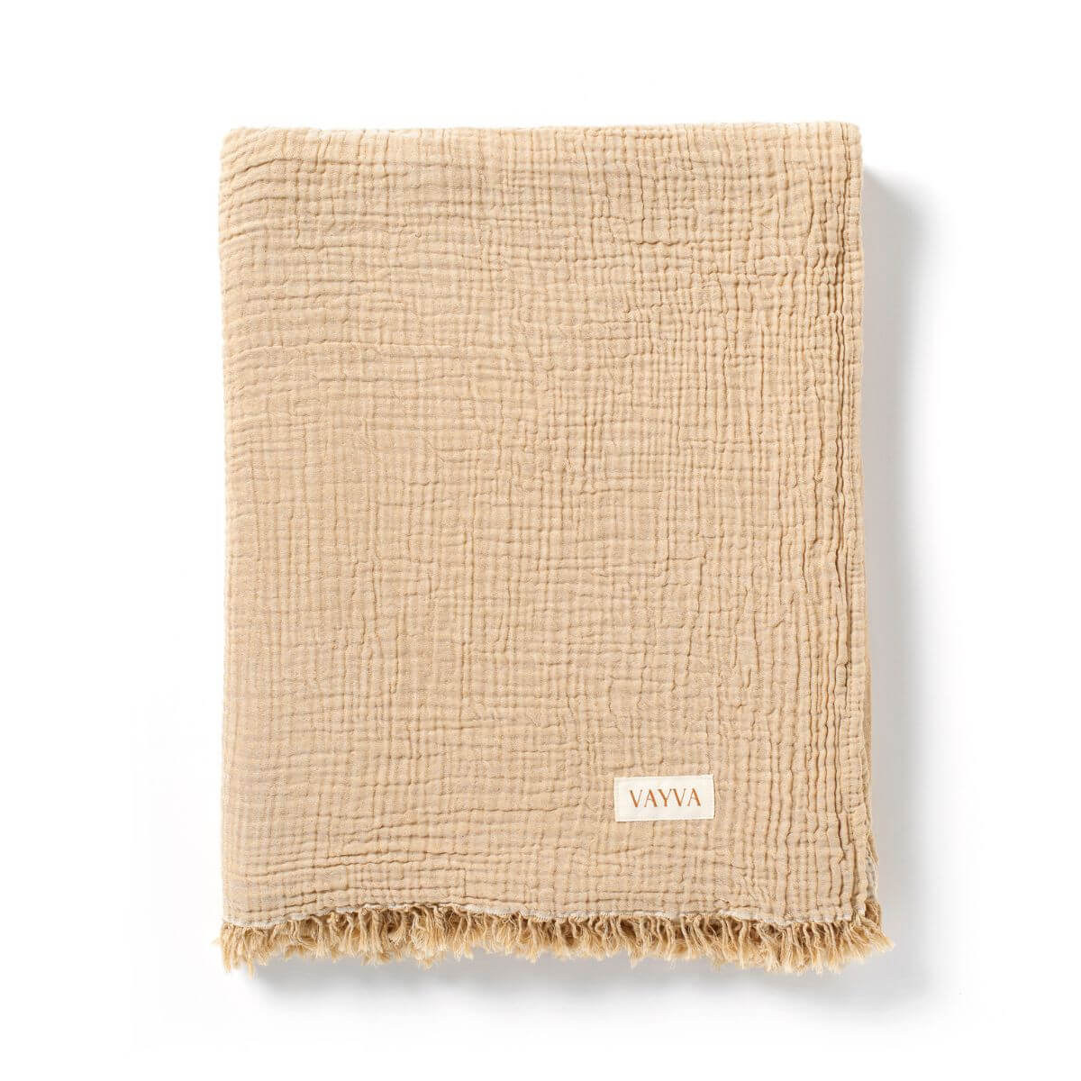 XXL Strandtuch (140x170 cm) aus 100% OEKO-TEX zertifizierter Baumwolle für Damen | Strandtuch in der Farbe Beige mit Musselin | Gefaltet vor weißem Hintergrund