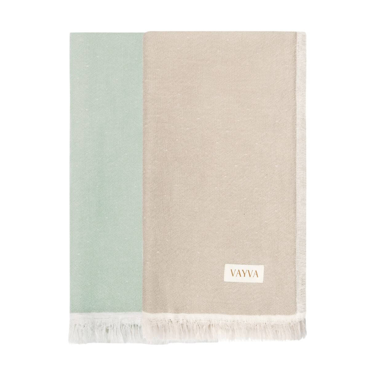 2er-Set Premium Handtuch / Saunatuch / Strandtuch, in der Größe 90 x 170 cm, in der Farbe Cappuccin/Creme & Grüntee/Creme, 60% Baumwolle + 40% Bambus, Vorderseite gefaltet vor weißem Hintergrund
