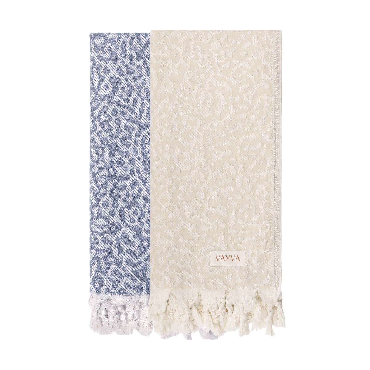 2er-Set Premium Handtuch / Saunatuch / Strandtuch, Mykonos, in der Größe 95 x 175 cm, in der Farbe Blaugrau & Beige, 100% Baumwolle, Vorderseite gefaltet vor weißem Hintergrund