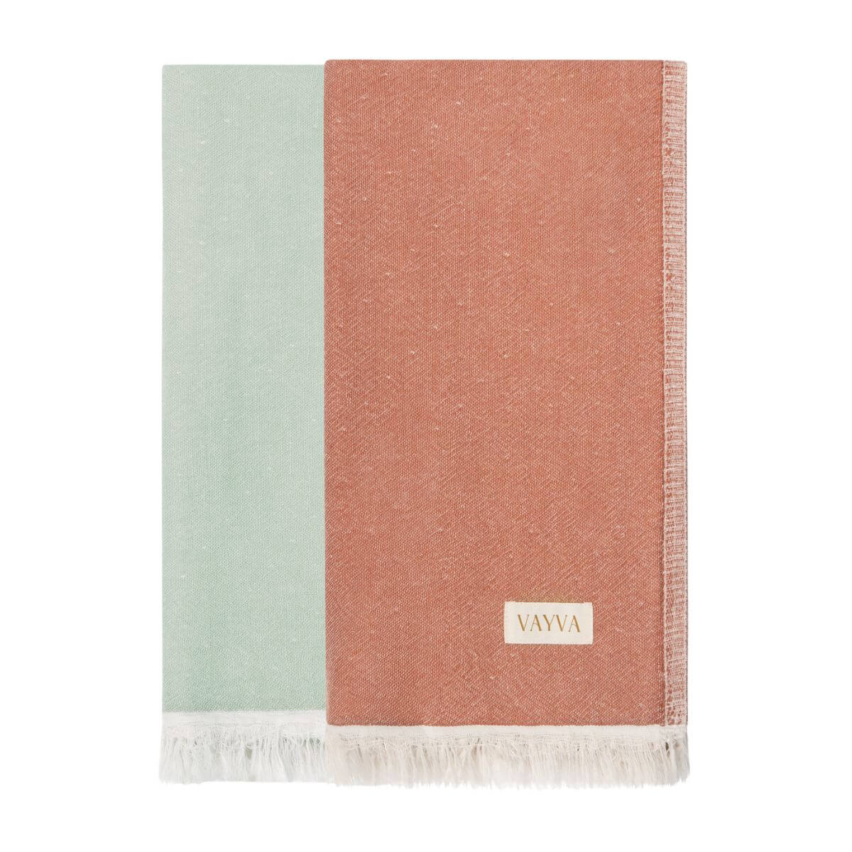 2er-Set Premium Handtuch / Saunatuch / Strandtuch, in der Größe 90 x 170 cm, in der Farbe Grüntee/Creme & Terrakotta/Creme, 60% Baumwolle + 40% Bambus, Vorderseite gefaltet vor weißem Hintergrund