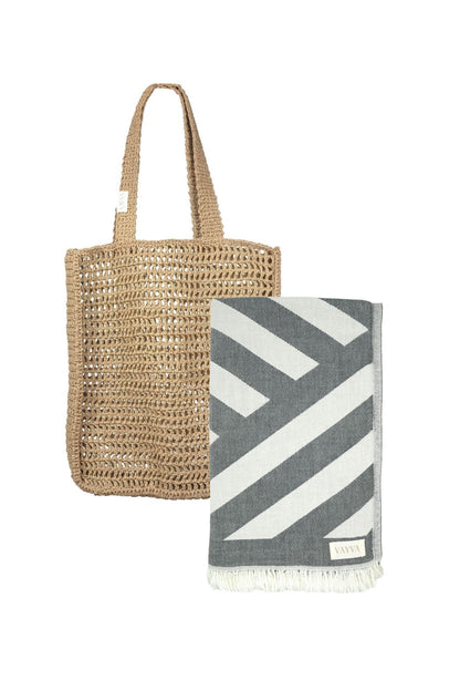 Summer Box | Premium Tasche Bali + 1x Strandtuch Key West grau, 100% natürliche Materialien
