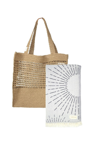 Summer Box | Premium Tasche Ibiza + 1x Strandtuch Sunshine grau, 100% natürliche Materialien