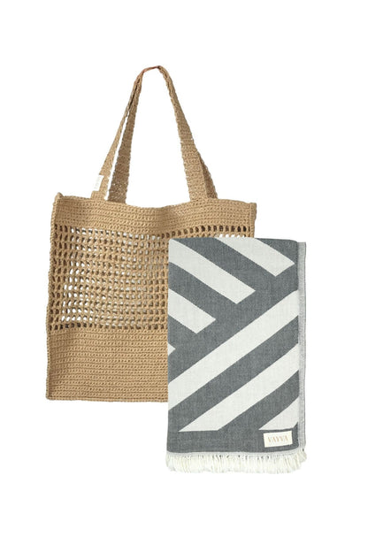 Summer Box | Premium Tasche Ibiza + 1x Strandtuch Key West grau, 100% natürliche Materialien