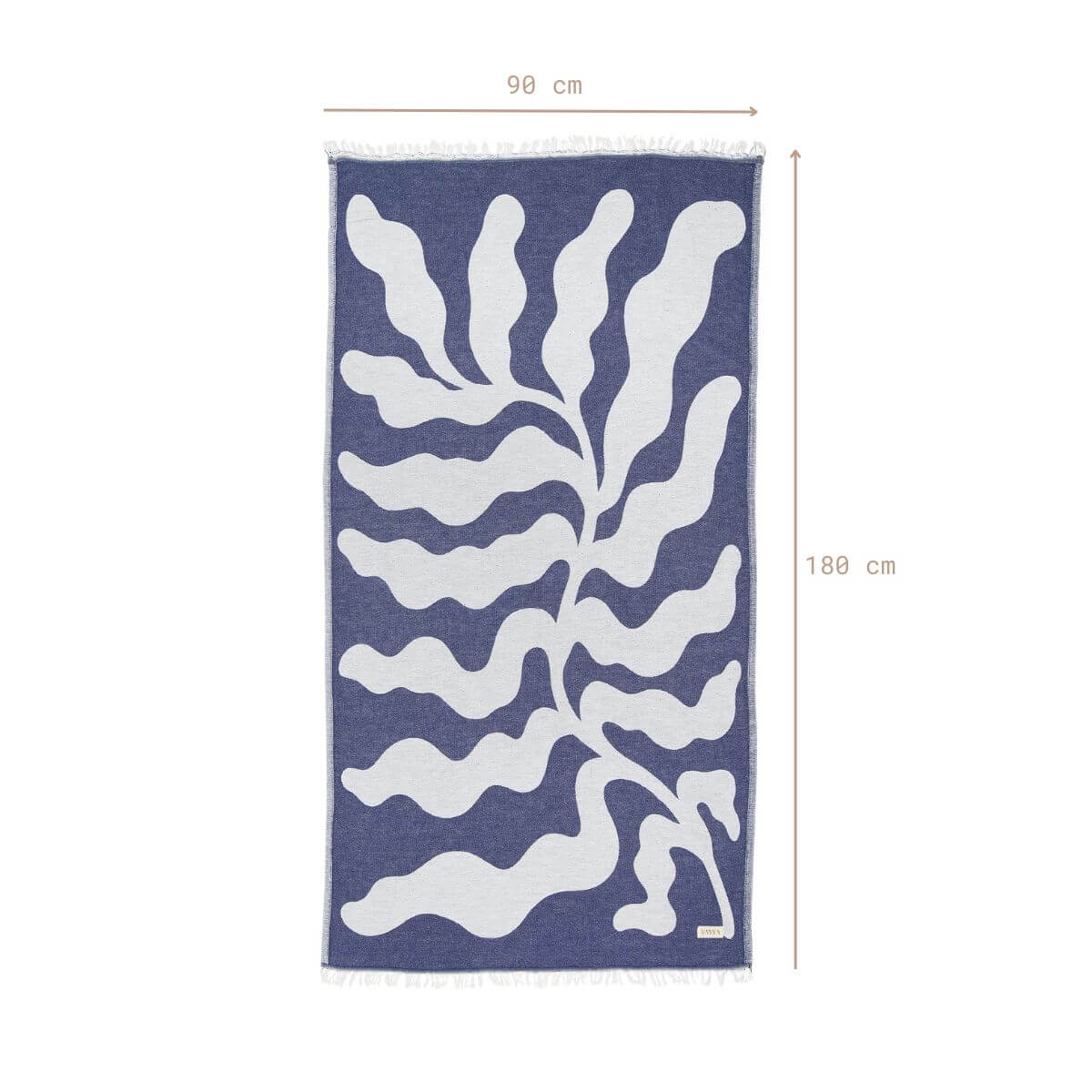 Leichtes Strandtuch (90x180 cm) aus 100% OEKO-TEX zertifizierter Baumwolle für Damen | Strandtuch in der Farbe Blau mit modernem Blattmuster | Komplettansicht mit Größenangaben