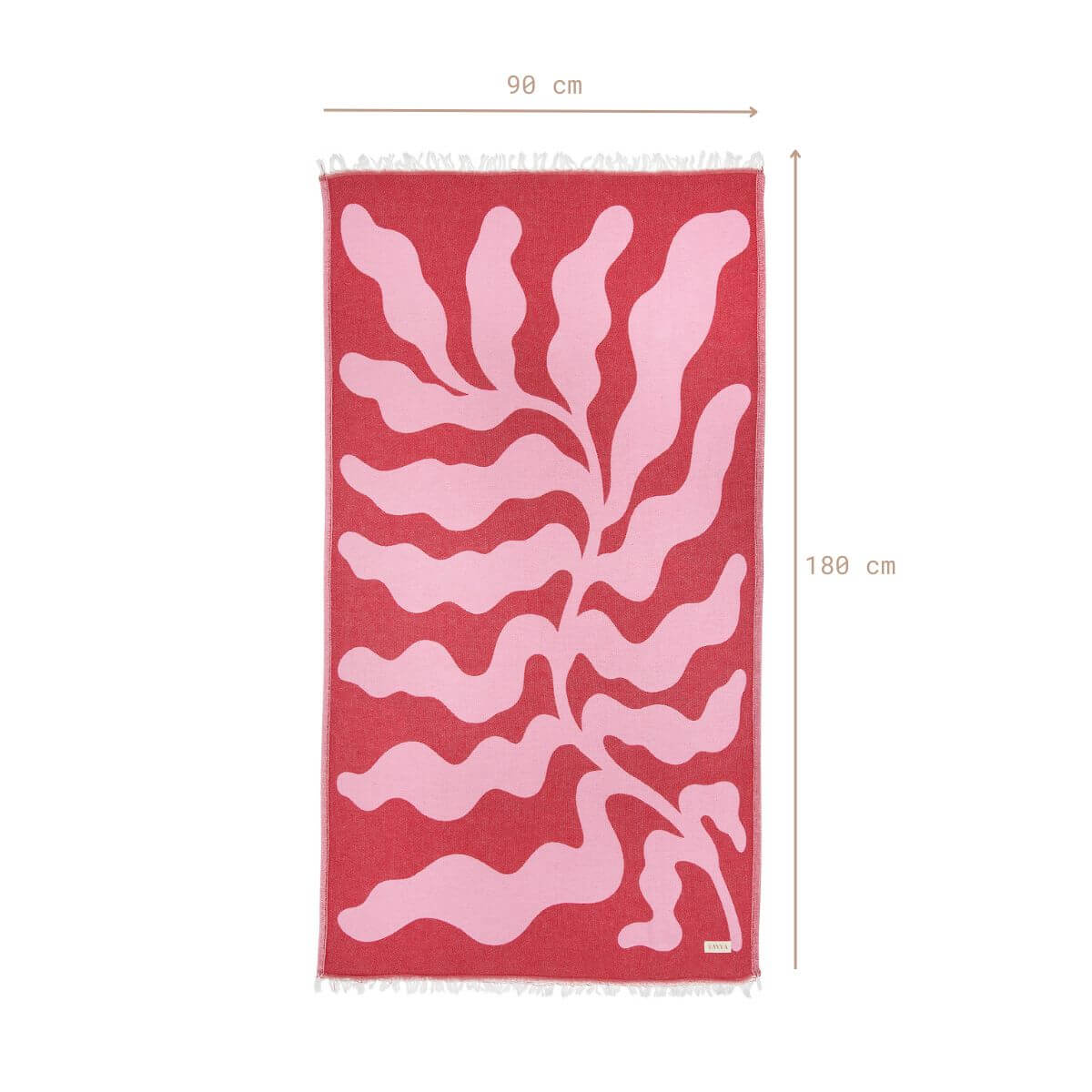 Leichtes Strandtuch (90x180 cm) aus 100% OEKO-TEX zertifizierter Baumwolle für Damen | Strandtuch in der Farbe Pink mit modernem Blattmuster | Komplettansicht mit Größenangaben
