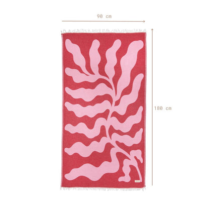 Leichtes Strandtuch (90x180 cm) aus 100% OEKO-TEX zertifizierter Baumwolle für Damen | Strandtuch in der Farbe Pink mit modernem Blattmuster | Komplettansicht mit Größenangaben