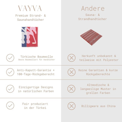Leichtes Strandtuch (90x180 cm) aus 100% OEKO-TEX zertifizierter Baumwolle für Damen | Strandtuch in der Farbe Pink mit modernem Blattmuster | VAYVA vs. andere