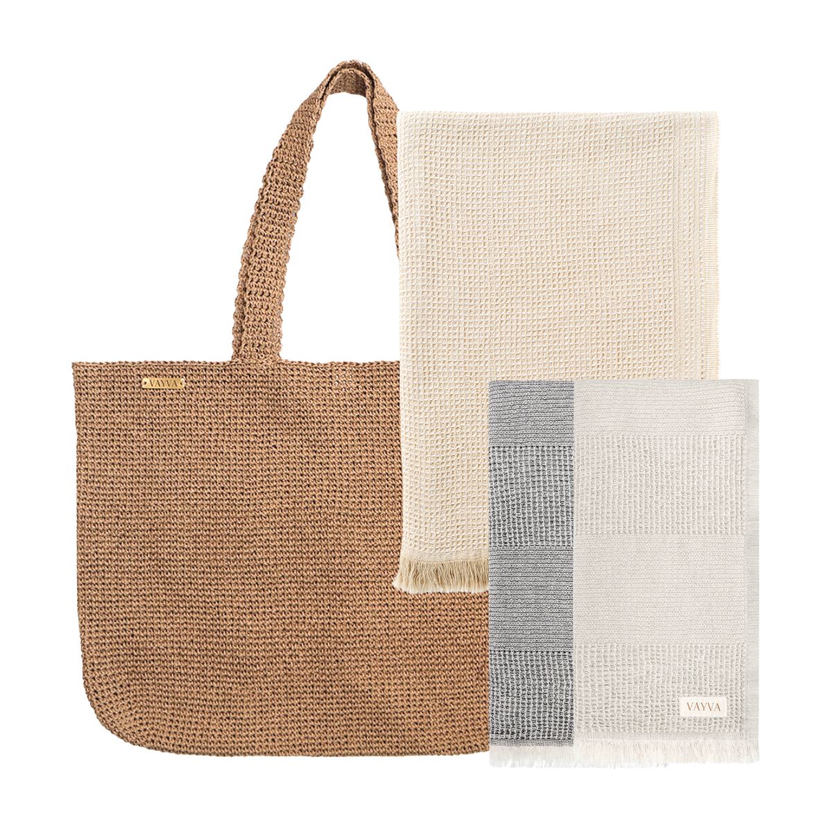 VAYVA-Set | 1 Raffia-Tasche + 1 XXL Strandtuch + 2 Strandtücher
