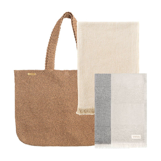 VAYVA-Set | 1 Raffia-Tasche + 1 XXL Strandtuch + 2 Strandtücher