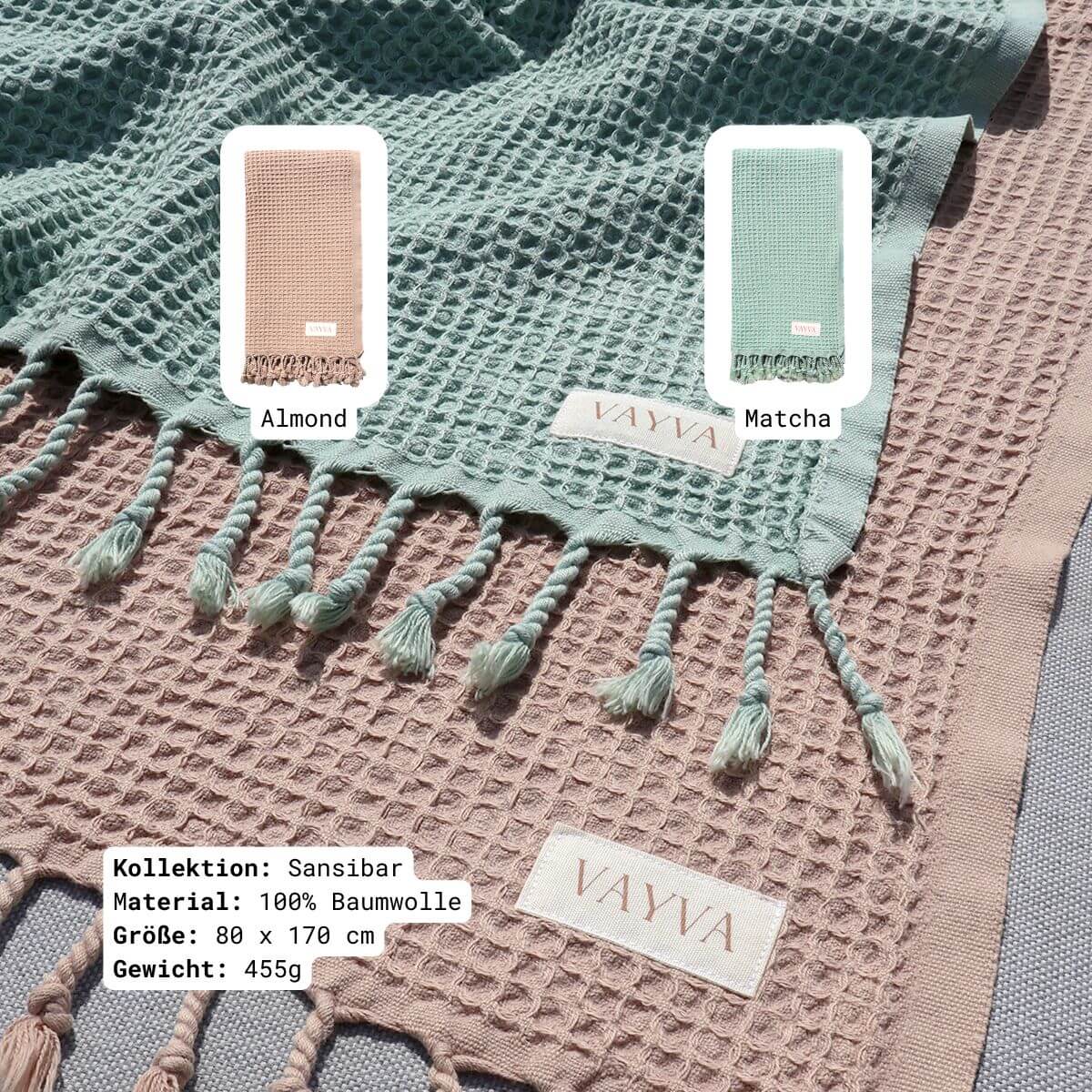 VAYVA Set: Strandtuch Sansibar in 2 Farben (Almond & Matcha) aus 100% OEKO-TEX zertifizierter Baumwolle für Damen