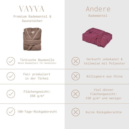 Vergleich VAYVA Premium-Bademantel aus fair produzierter türkischer Baumwolle mit 350 g/m² gegenüber herkömmlichen Bademänteln
