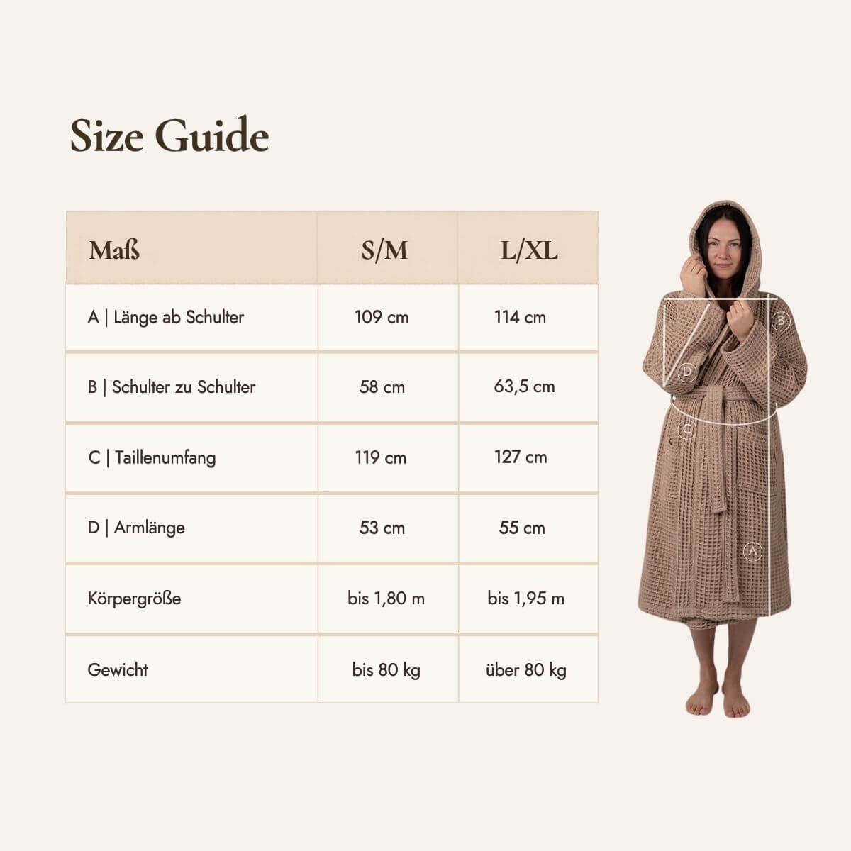 Größentabelle für den VAYVA Kapuzenbademantel in den Größen S/M und L/XL mit Länge, Schulterbreite, Taille und Armlänge
