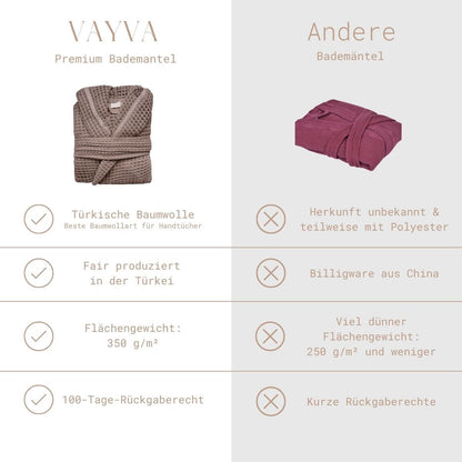 Vergleich VAYVA Premium-Kapuzenbademantel aus fair produzierter türkischer Baumwolle mit 350 g/m² gegenüber herkömmlichen Bademänteln