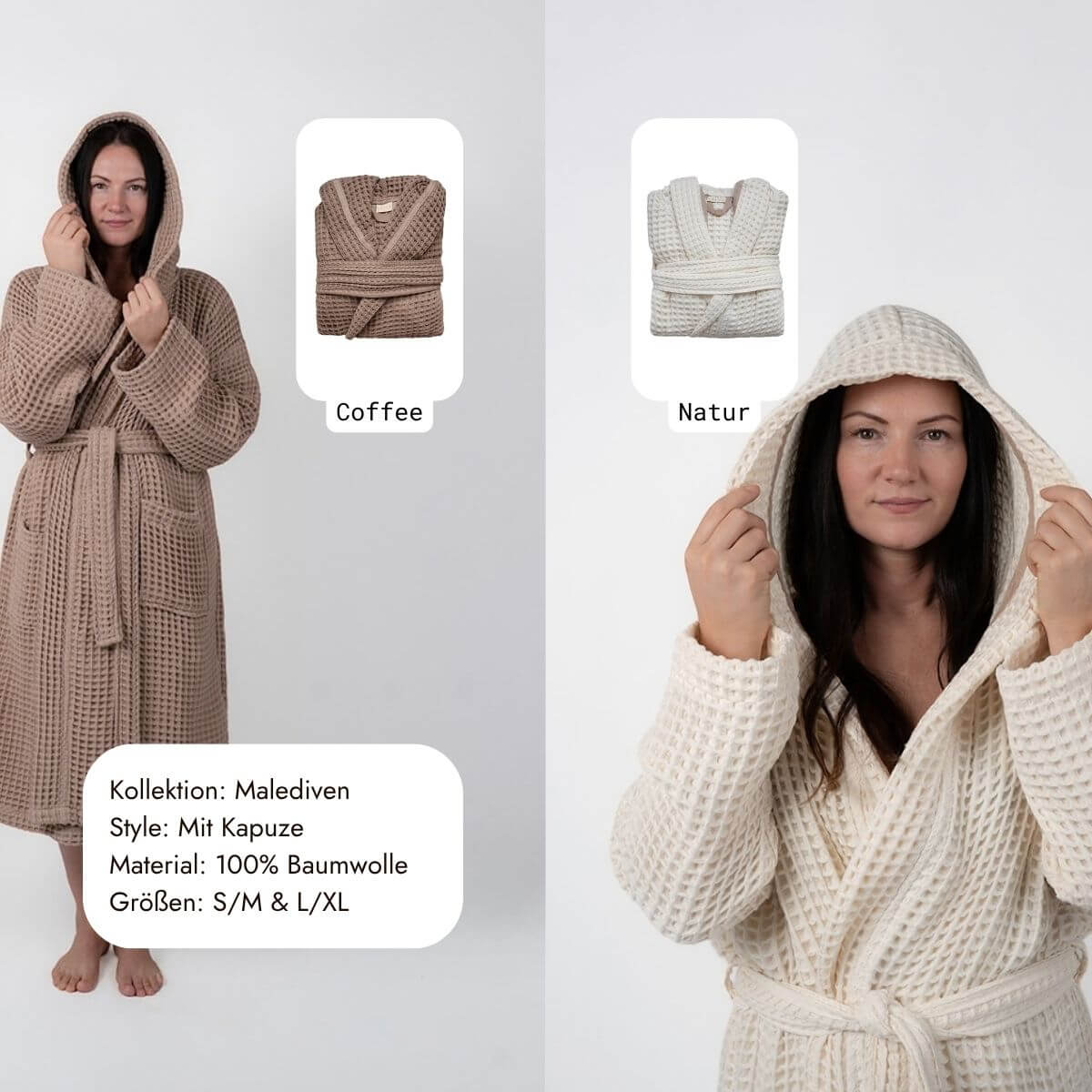 Frau im Kapuzenbademantel aus Waffelpiqué in Coffee und Natur – erhältlich in den Größen S/M und L/XL