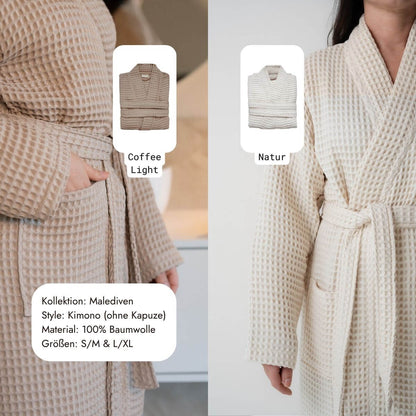 Kimono-Bademantel aus Waffelpiqué in Coffee Light und Natur im Detail – 100 % Baumwolle, Größen S/M und L/XL