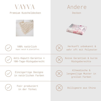 Kuscheldecke (135x200 cm) aus 70% Leinen und 30% OEKO-TEX zertifizierter Baumwolle | Kuscheldecke in der Farbe Beige | VAYVA vs. andere