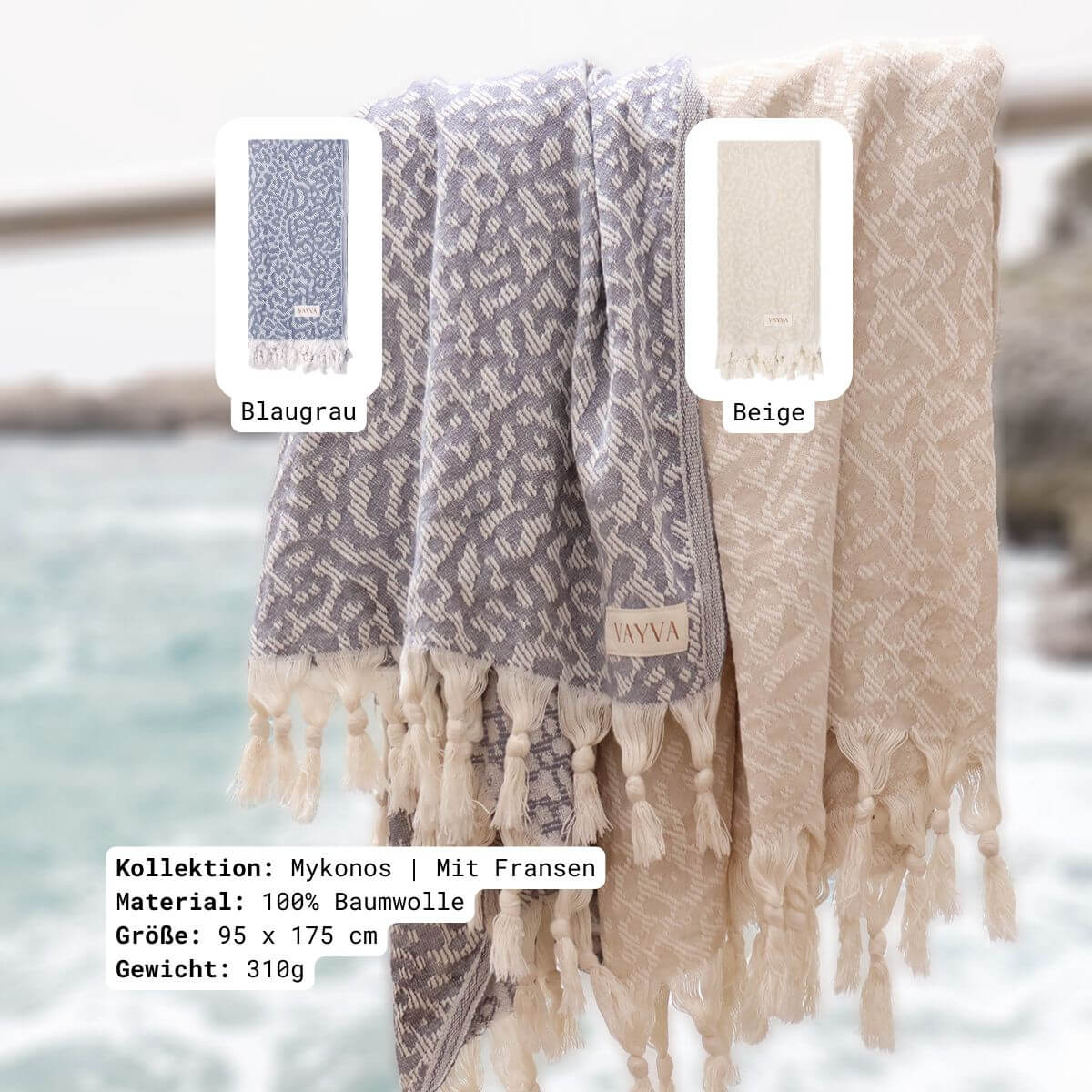 VAYVA Box: Strandtuch Mykonos in 2 Farben (blaugrau & beige) mit Fransen aus 100% OEKO-TEX zertifizierter Baumwolle für Damen