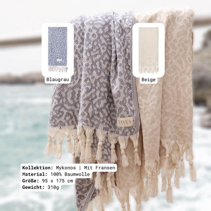VAYVA Box: Strandtuch Mykonos in 2 Farben (blaugrau & beige) mit Fransen aus 100% OEKO-TEX zertifizierter Baumwolle für Damen