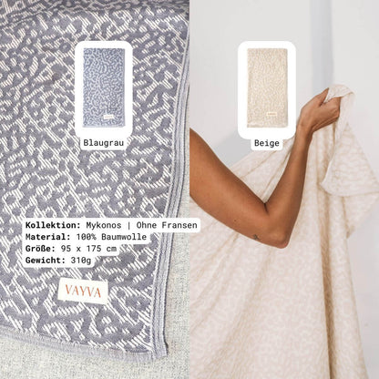 VAYVA Box: Strandtuch Mykonos in 2 Farben (blaugrau & beige) ohne Fransen aus 100% OEKO-TEX zertifizierter Baumwolle für Damen