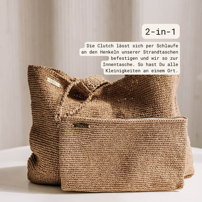VAYVA Clutch als Innentasche an der großen Strandtasche befestigt – 2-in-1 Funktion