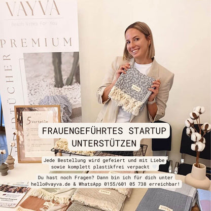 VAYVA Gründerin mit Premium Leichten Strandtüchern Sansibar – frauengeführtes Startup mit plastikfreier Verpackung