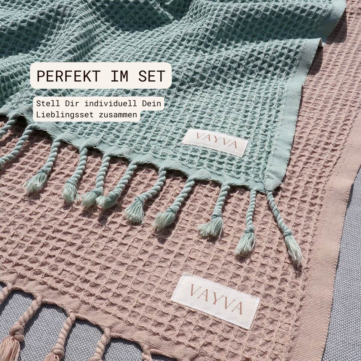 VAYVA Leichte Strandtücher Sansibar in der Farbe Almond und Matcha – perfekte Kombination für Paare und Familien