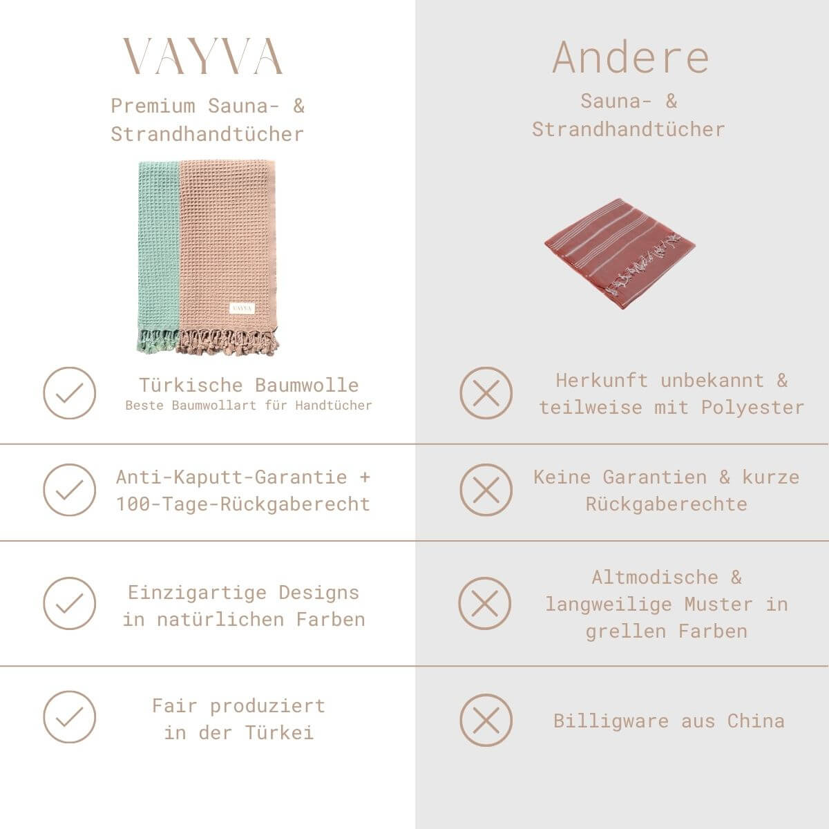 VAYVA Leichte Strandtücher Sansibar in der Farbe Almond und Matcha im Vergleich – Premium türkische Baumwolle statt Billigware aus Polyester