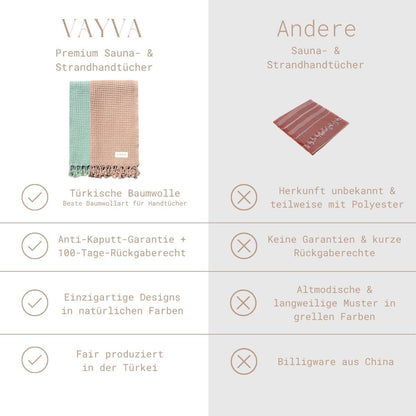 VAYVA Leichte Strandtücher Sansibar in der Farbe Almond und Matcha im Vergleich – Premium türkische Baumwolle statt Billigware aus Polyester