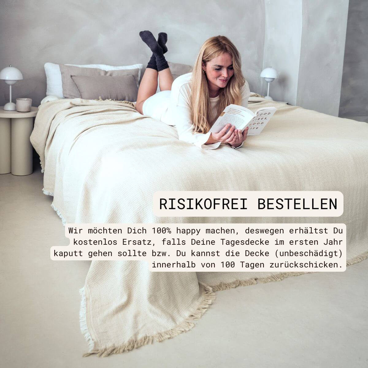 Tagesdecke aus Baumwolle | (240x260 cm) aus 100% OEKO-TEX zertifizierter Baumwolle | Tagesdecke Beige | Fau lesend auf Bett - Risikofrei bestellen