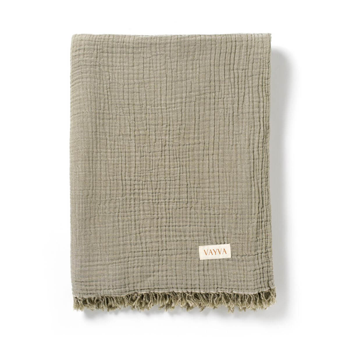 XXL Strandtuch (140x170 cm) aus 100% OEKO-TEX zertifizierter Baumwolle für Damen | Strandtuch in der Farbe Olivegrau mit Musselin | Gefaltet vor weißem Hintergrund